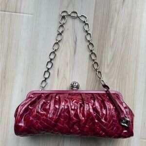 Brighton Rose Burgundy Patent Leather Shoulder Purse with Silver Chain Strap
